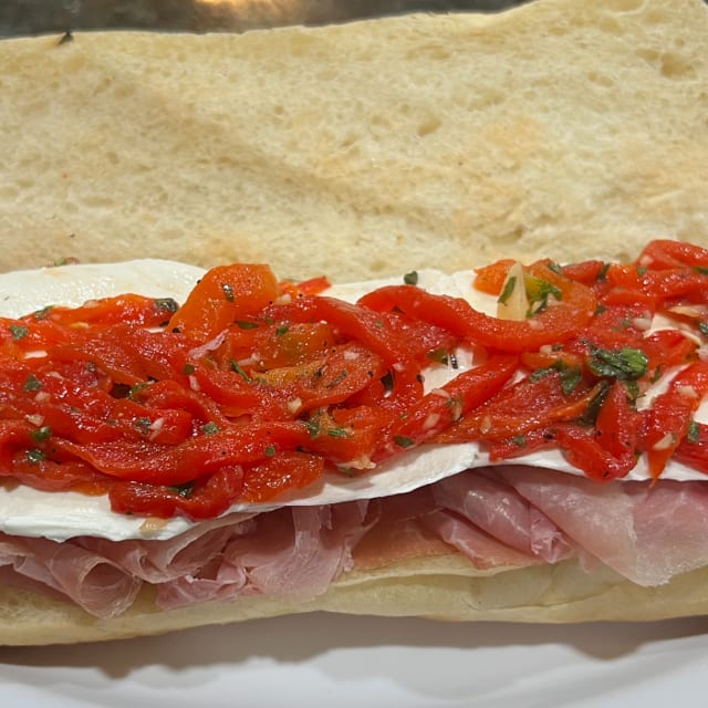 Prosciutto, Fresh Mozzarella, Roasted Peppers and Balsamic Sandwich.